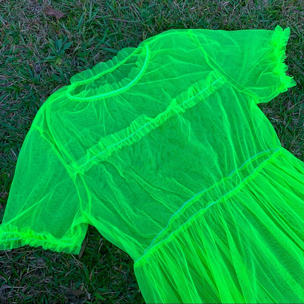Neon green see through cottagecore peasant dress